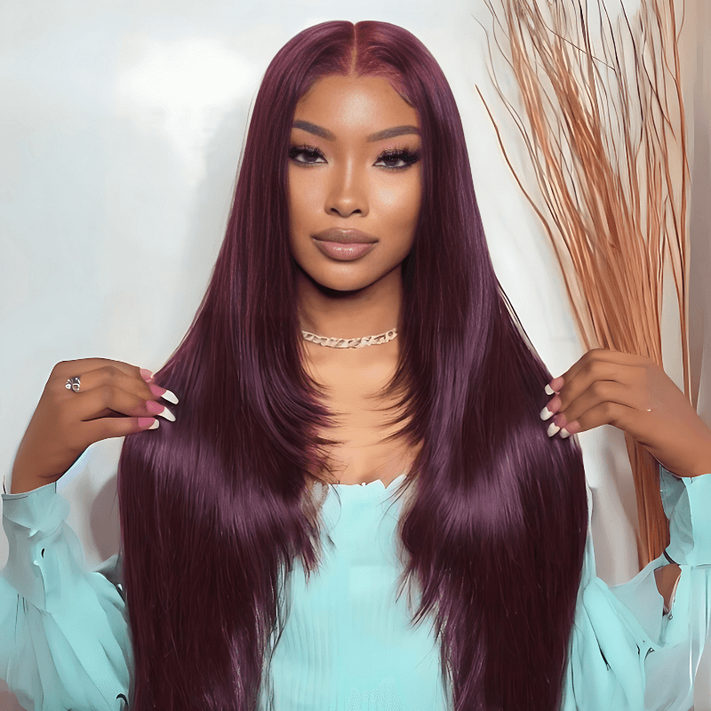 Burgundy Purple Black Cherry Straight Human Hair Wig | 7x5 Glueless Lace | Drawstring | Lumma