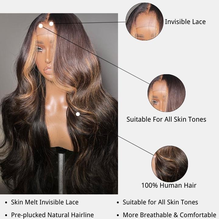 Money Piece Brown Body Wave Human Hair Lace Wig | Transparent Lace Front | Glueless Skunk Stripe | Lumma