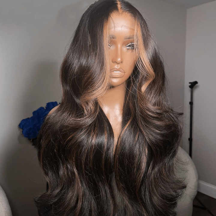 Money Piece Brown Body Wave Human Hair Lace Wig | Transparent Lace Front | Glueless Skunk Stripe | Lumma