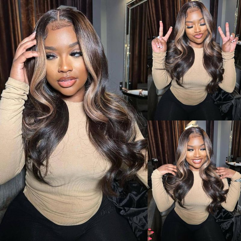 Money Piece Brown Body Wave Human Hair Lace Wig | Transparent Lace Front | Glueless Skunk Stripe | Lumma